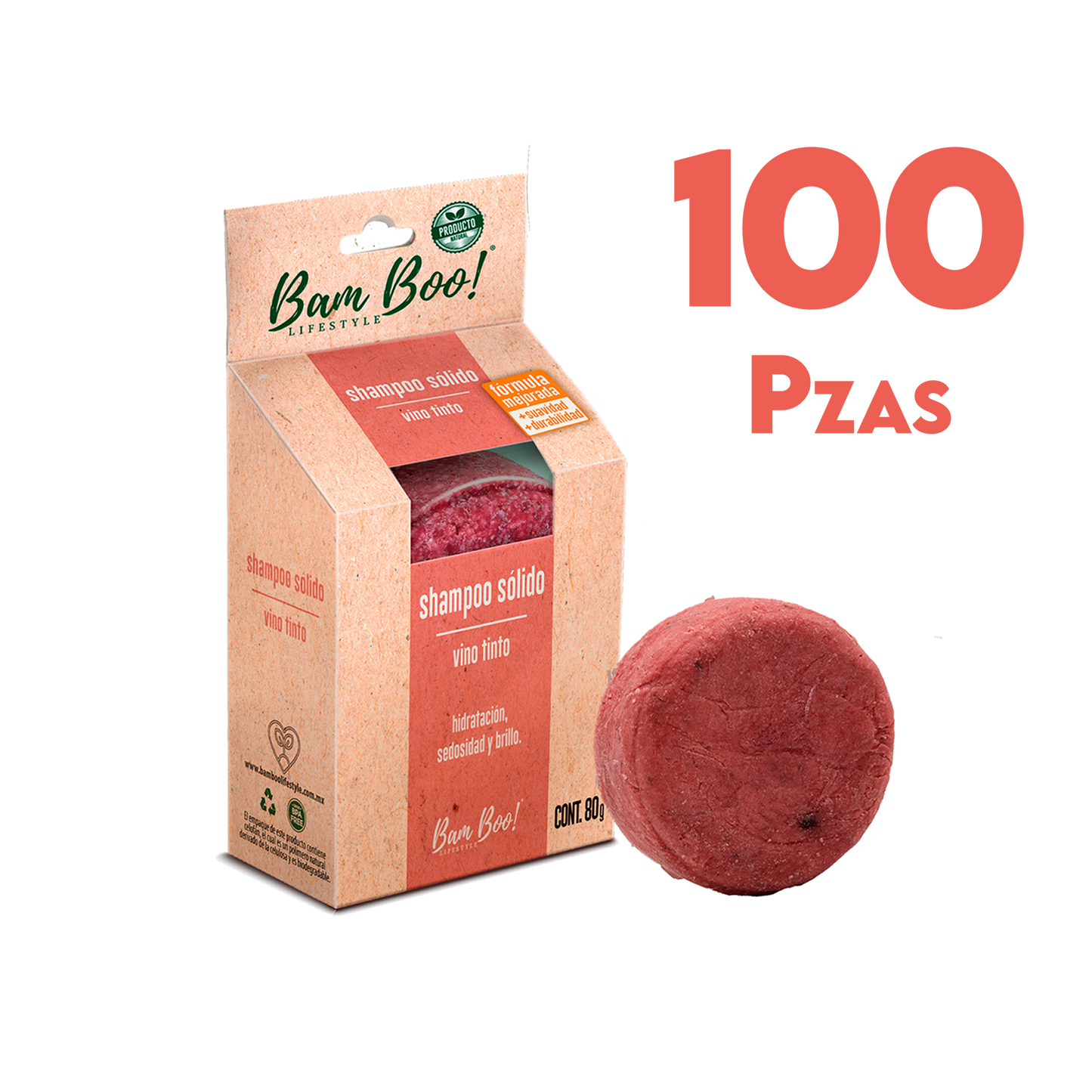 100 Pack Shampoo Sólido Artesanal Vino Tinto 80 Gr Mayoreo Bam Boo! Lifestyle