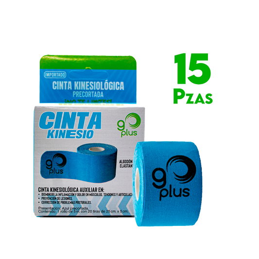 15 Pack Cinta Kinesiológica Azul Go Plus 5m Pre-cortada Mayoreo Go Plus