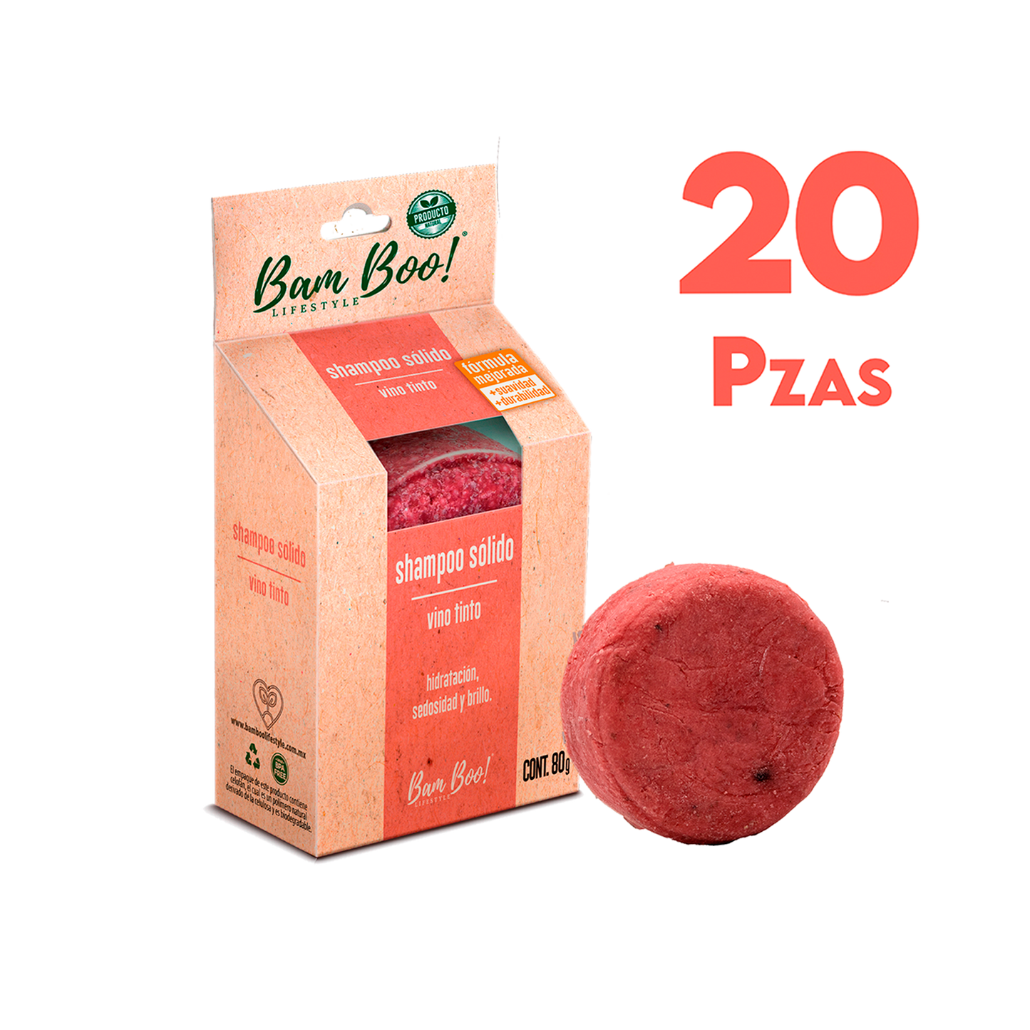 20 Pack Shampoo Sólido Artesanal Vino Tinto 80 Gr Mayoreo Bam Boo! Lifestyle