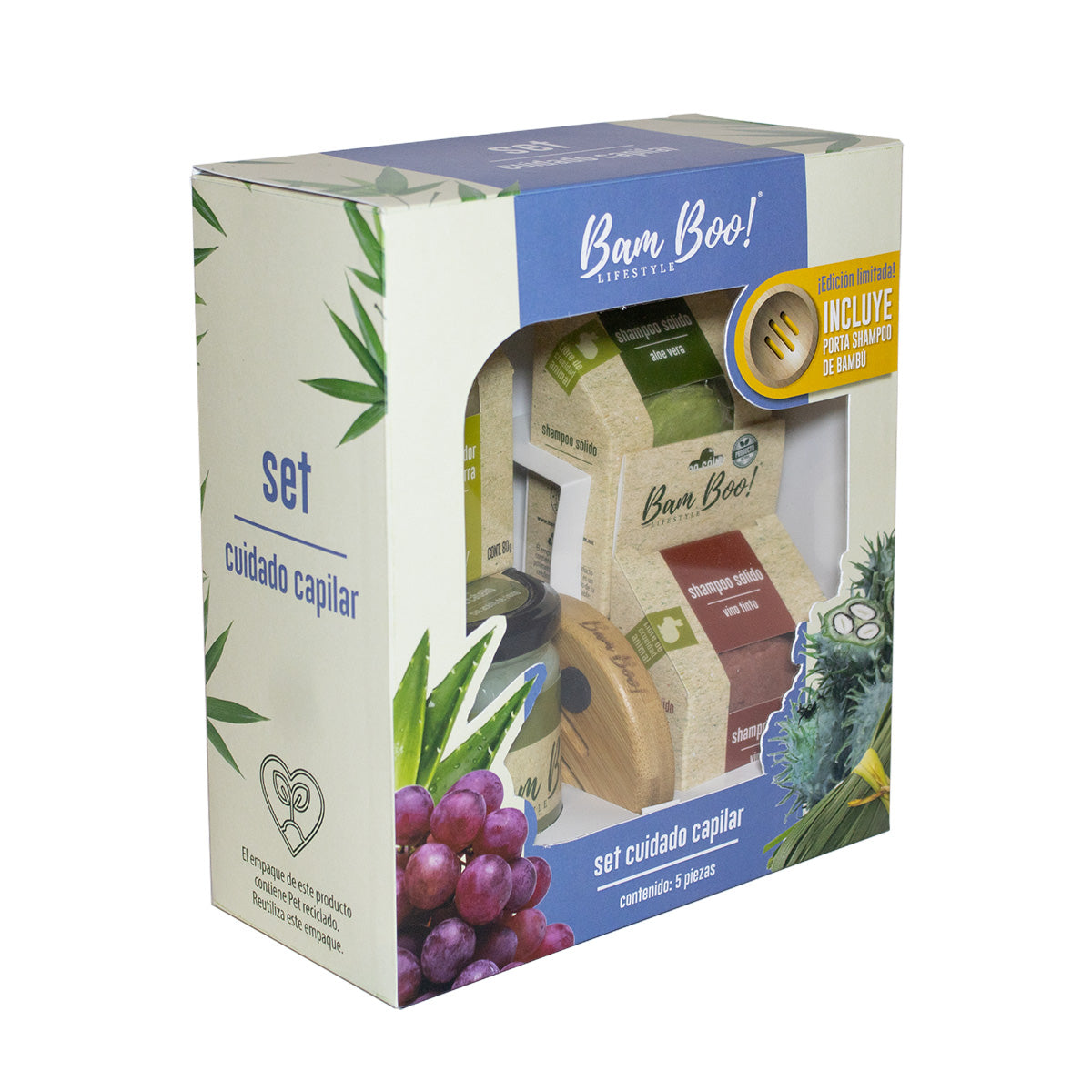 Set Cuidado Capilar Natural Bam Boo! Lifestyle con Shampoo, Acondicionador, Fijador y Porta Shampoo Ecológico