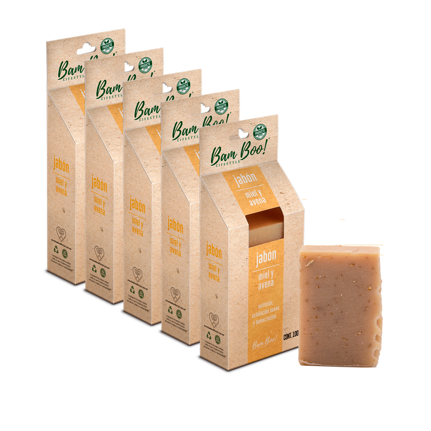 5 Pack Jabón Artesanal Natural Miel Avena 100 G Combos Bam Boo! Lifestyle