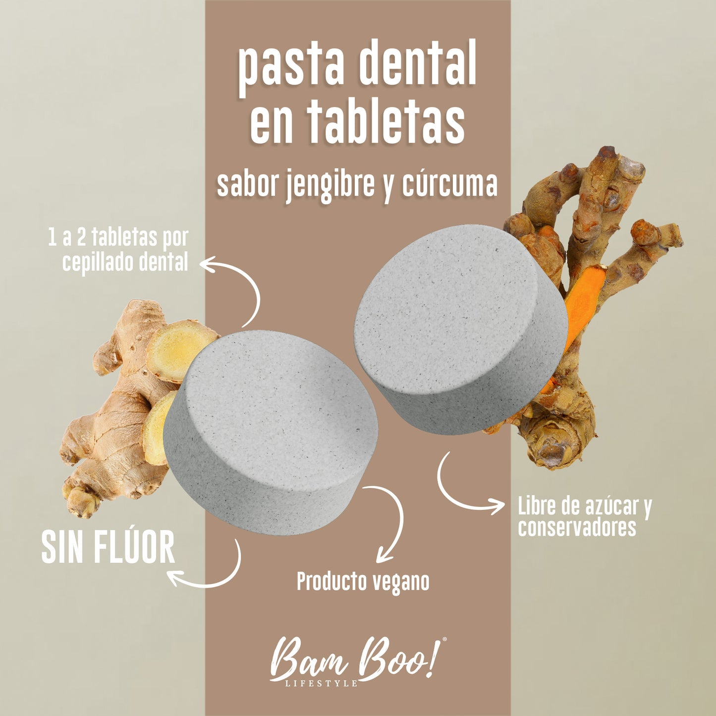 Frasco Pasta Dental Sólida Sabor Jengibre y Cúrcuma Sin Flúor 75 Gr Bam Boo! Lifestyle