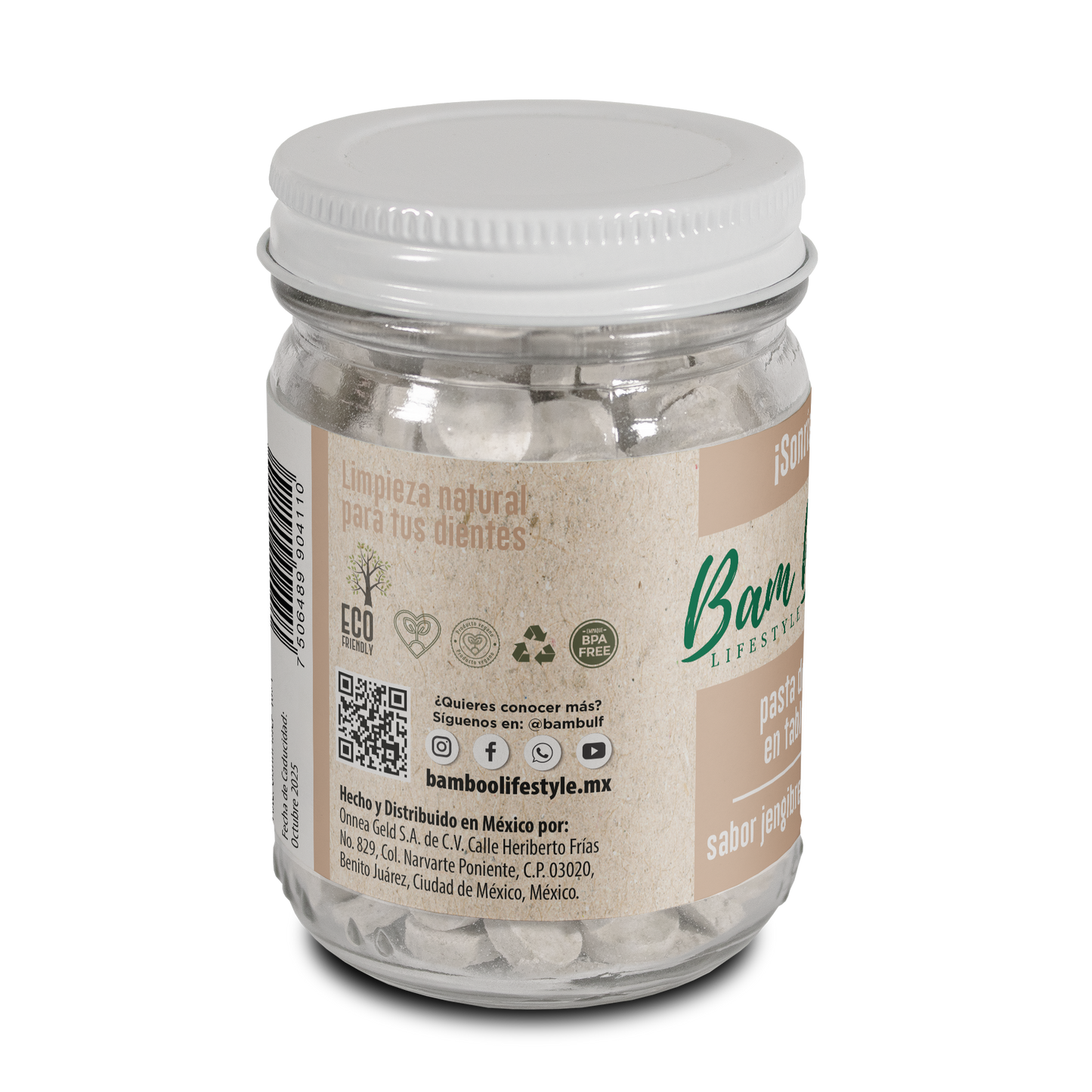 Frasco Pasta Dental Sólida Sabor Jengibre y Cúrcuma Sin Flúor 75 Gr Bam Boo! Lifestyle