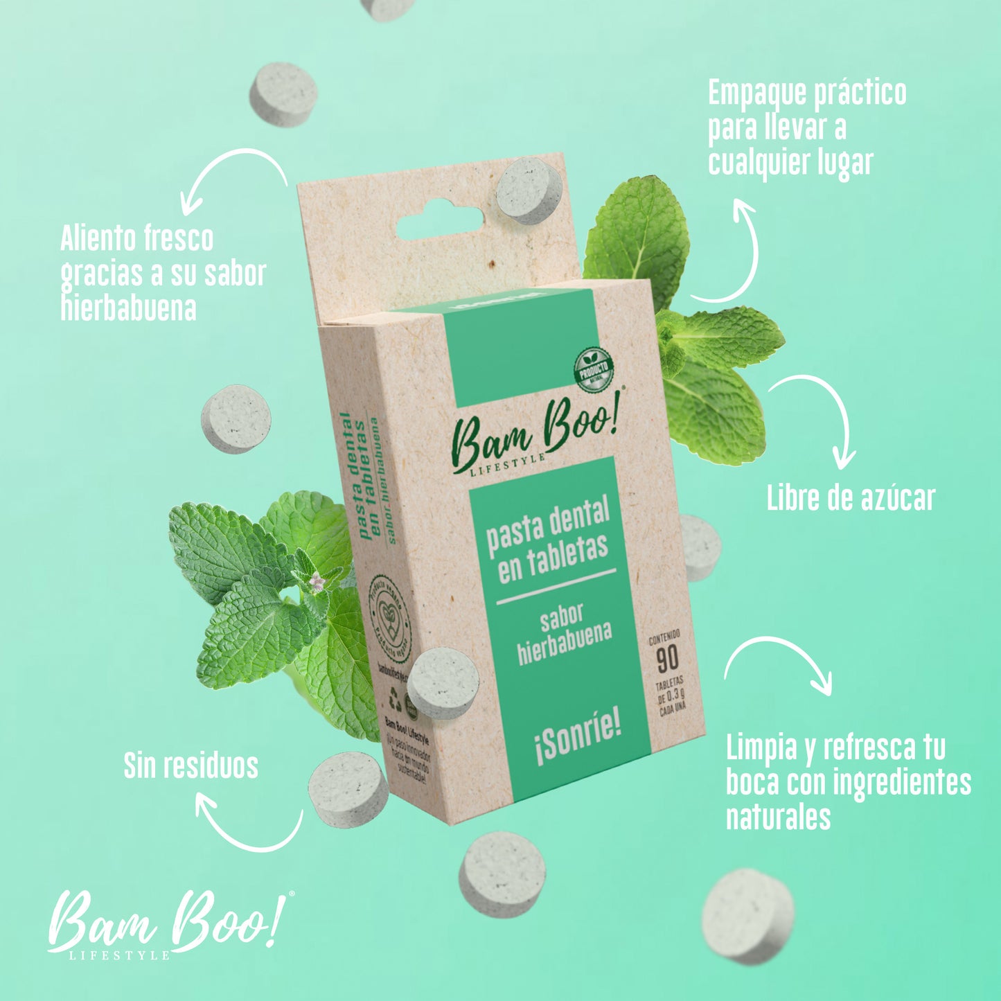 5 Pack Pasta Dental Sólida Hierbabuena 90 Tabletas Comanda Bam Boo! Lifestyle