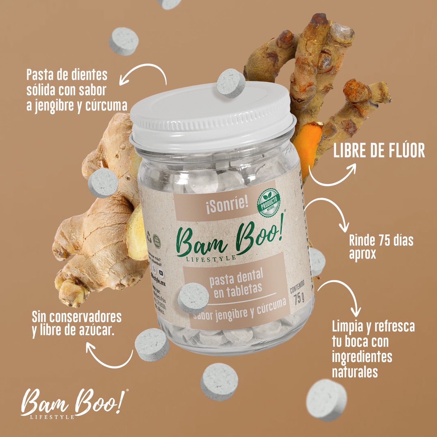 Frasco Pasta Dental Sólida Sabor Jengibre y Cúrcuma Sin Flúor 75 Gr Bam Boo! Lifestyle