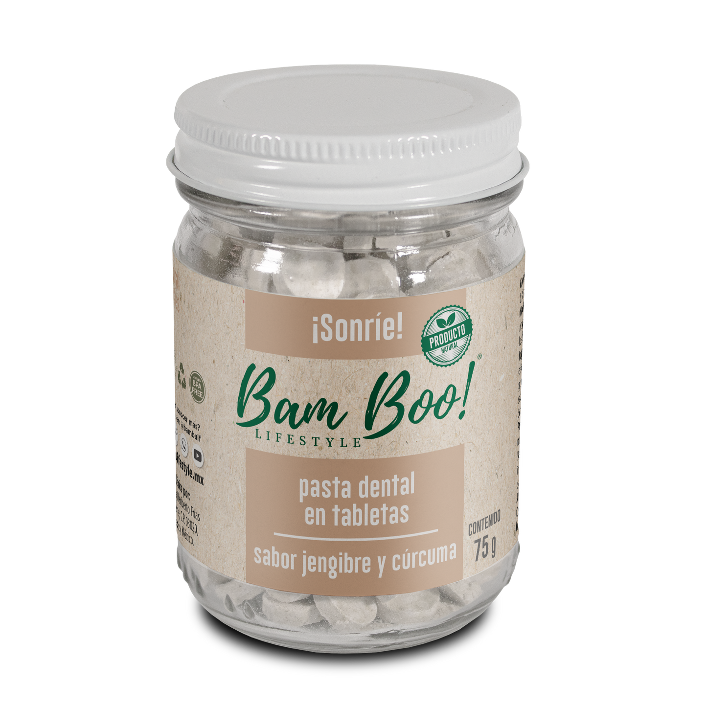 Frasco Pasta Dental Sólida Sabor Jengibre y Cúrcuma Sin Flúor 75 Gr Bam Boo! Lifestyle