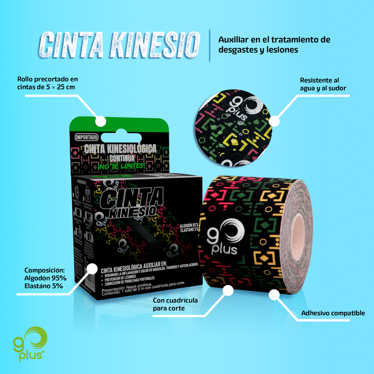 Cinta Kinesiologica Negra 5 m Go Plus