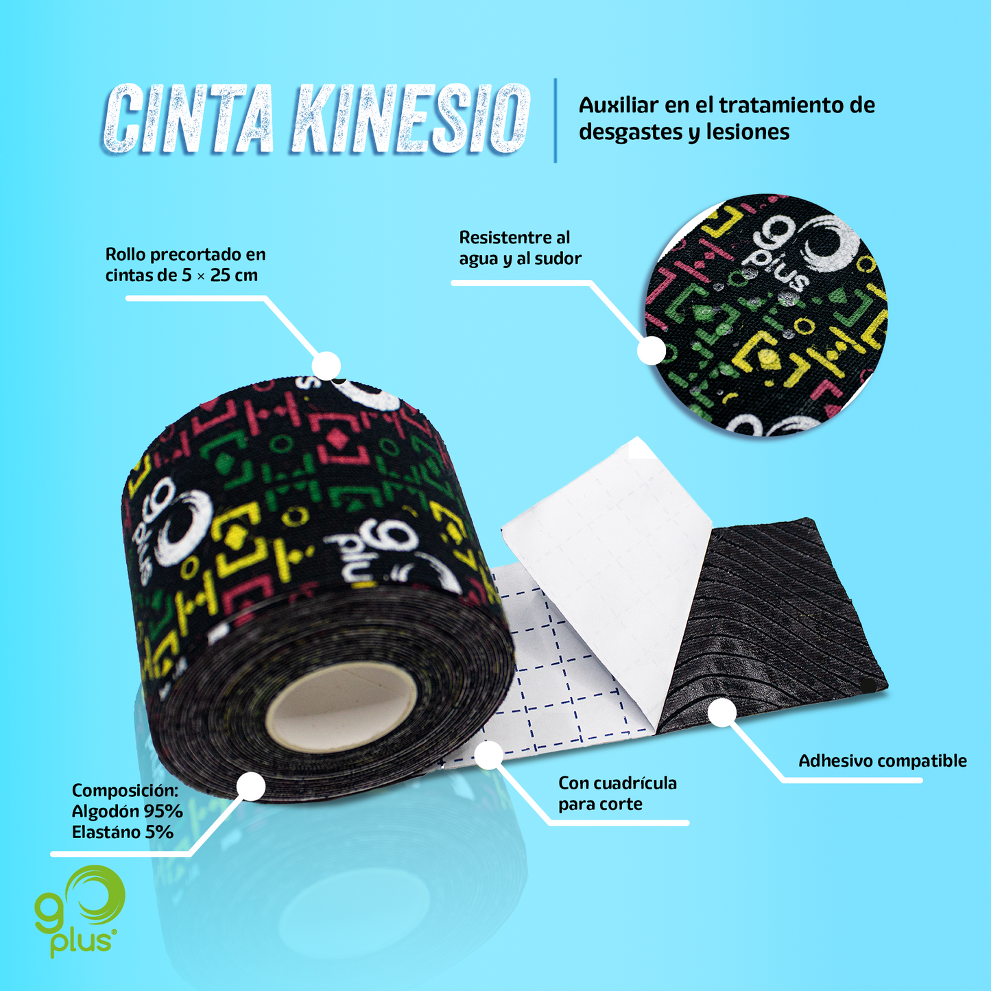 Cinta Kinesiologica Negra 5 m Go Plus