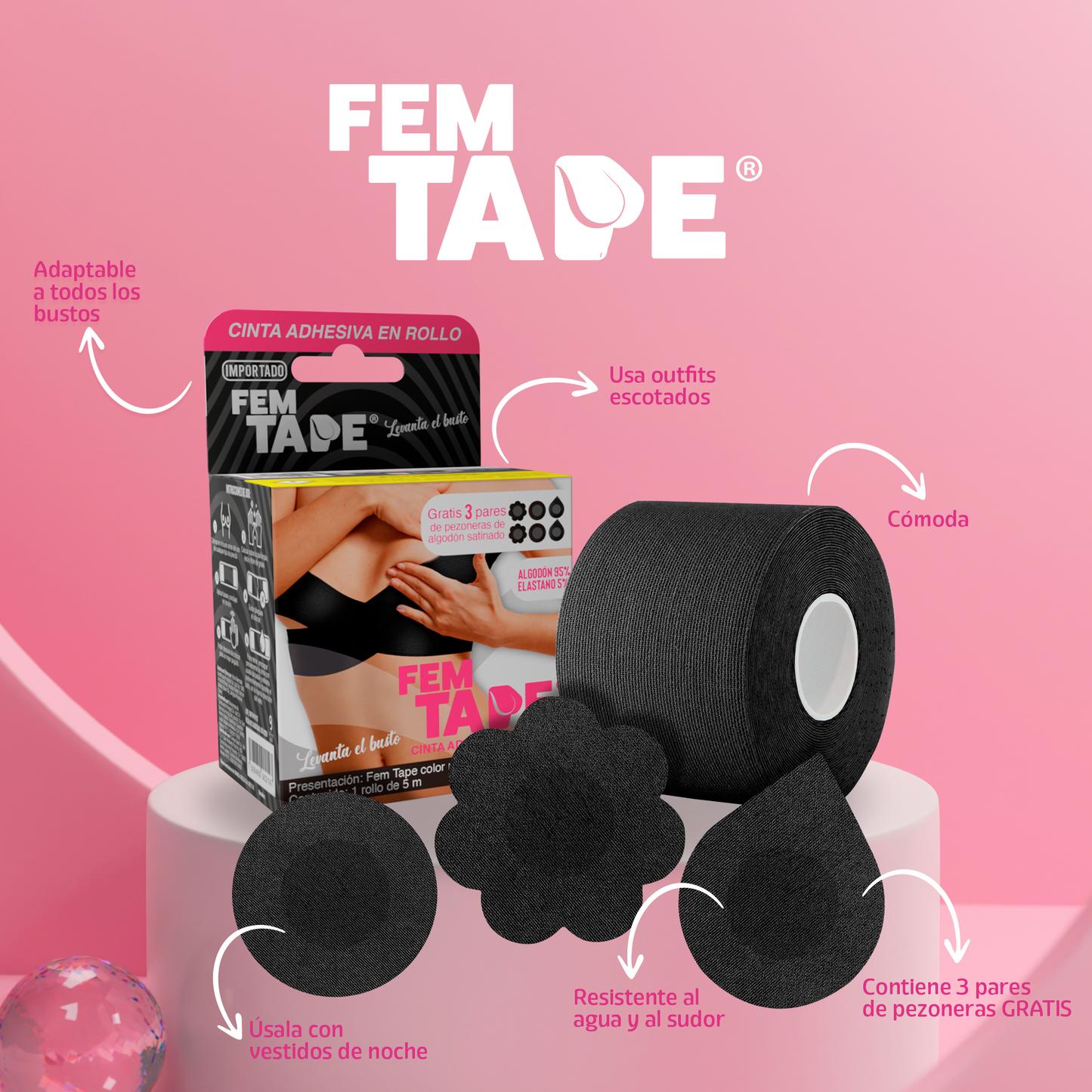 Cinta Adhesiva Para Levantamiento De Busto Color Negro Fem Tape 5 Mts