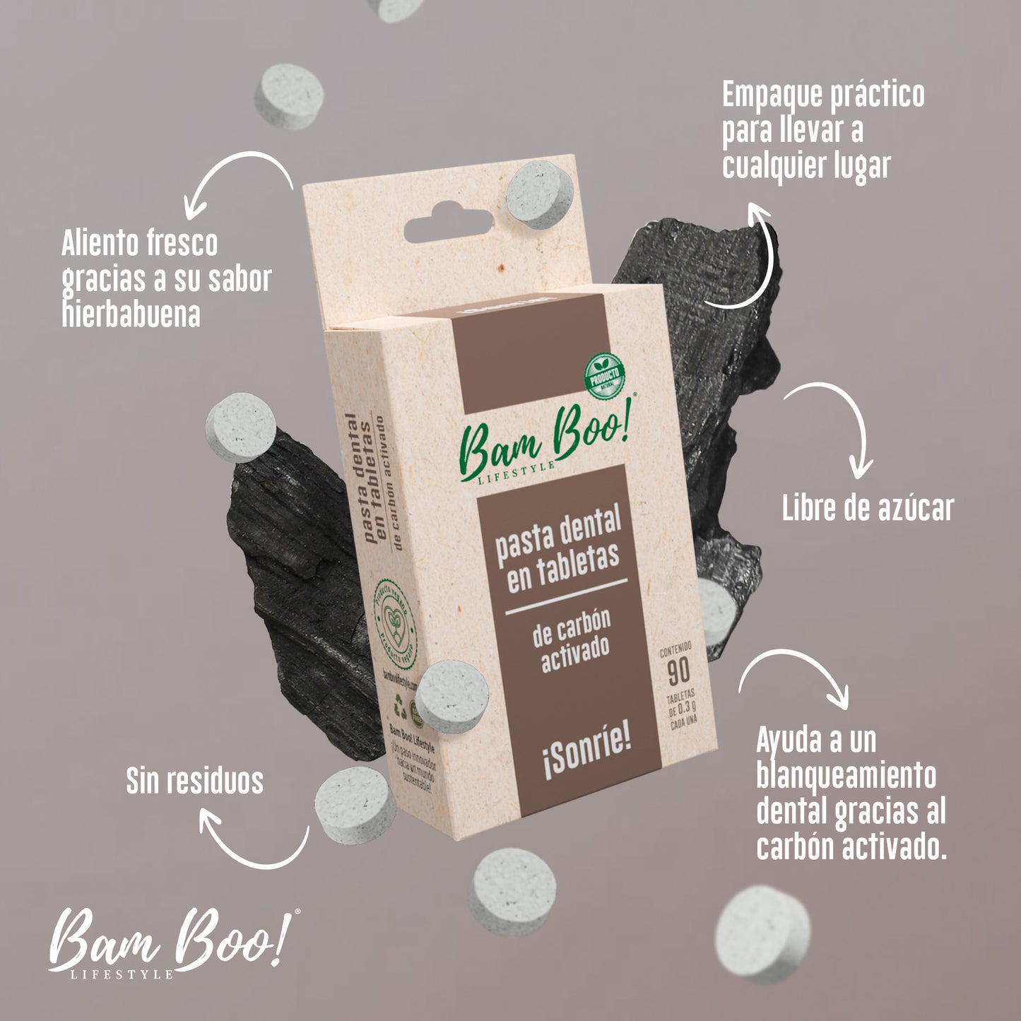 Pasta Dental Sólida de Carbón Activado 90 Tabletas Bam Boo! Lifestyle