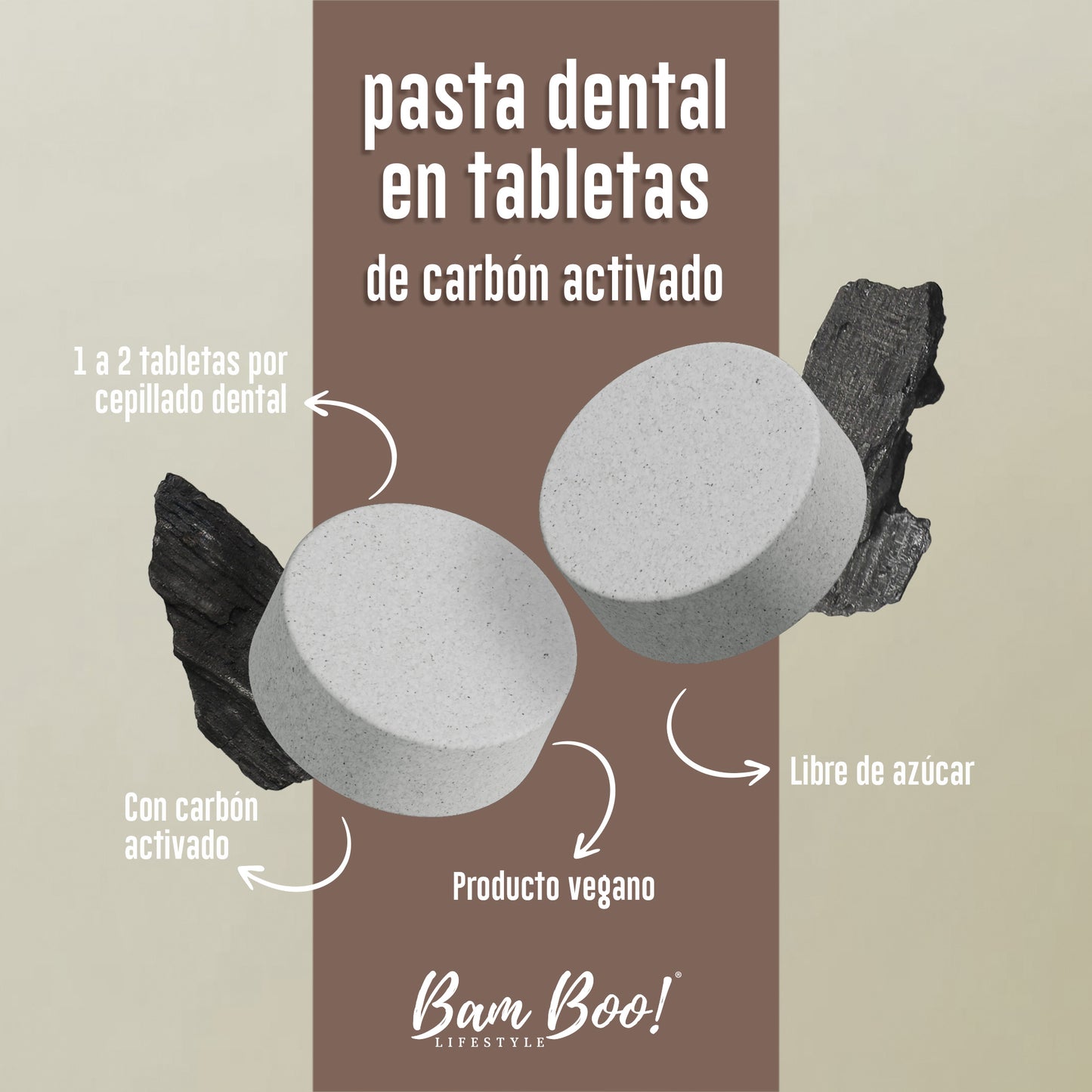 Pasta Dental Sólida de Carbón Activado 90 Tabletas Bam Boo! Lifestyle