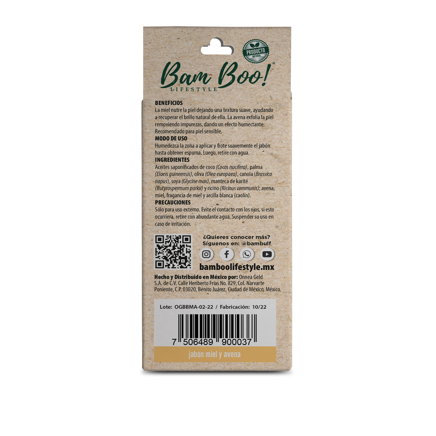 50 Pack Jabón Artesanal Natural Miel Avena 100 G Mayoreo Bam Boo! Lifestyle