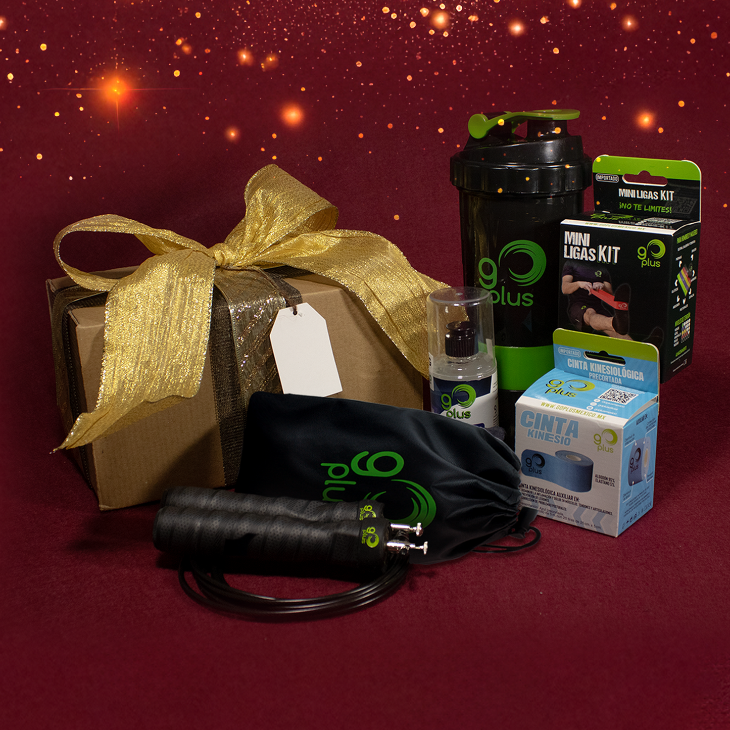 Kit de Regalo Entrenamiento y Ejercicio Go Plus con Cinta Kinesiológica, Ligas de Resistencia, Cuerda para Saltar, Botella Mezcladora Shaker y Gel con efecto frío caliente