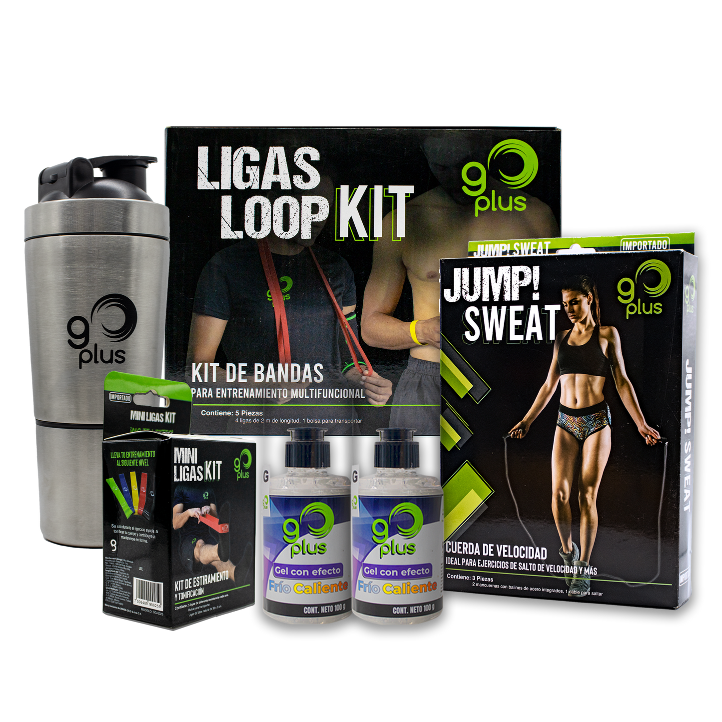 Kit de Regalo Entrenamiento En Casa Go Plus con Bandas de Resistencia, Cuerda para Saltar, Botella Mezcladora Shaker y Gel con efecto frío caliente