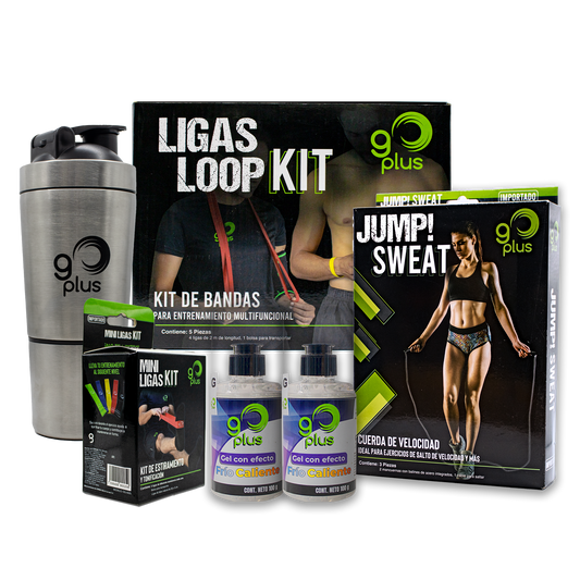 Kit de Regalo Entrenamiento En Casa Go Plus con Bandas de Resistencia, Cuerda para Saltar, Botella Mezcladora Shaker y Gel con efecto frío caliente