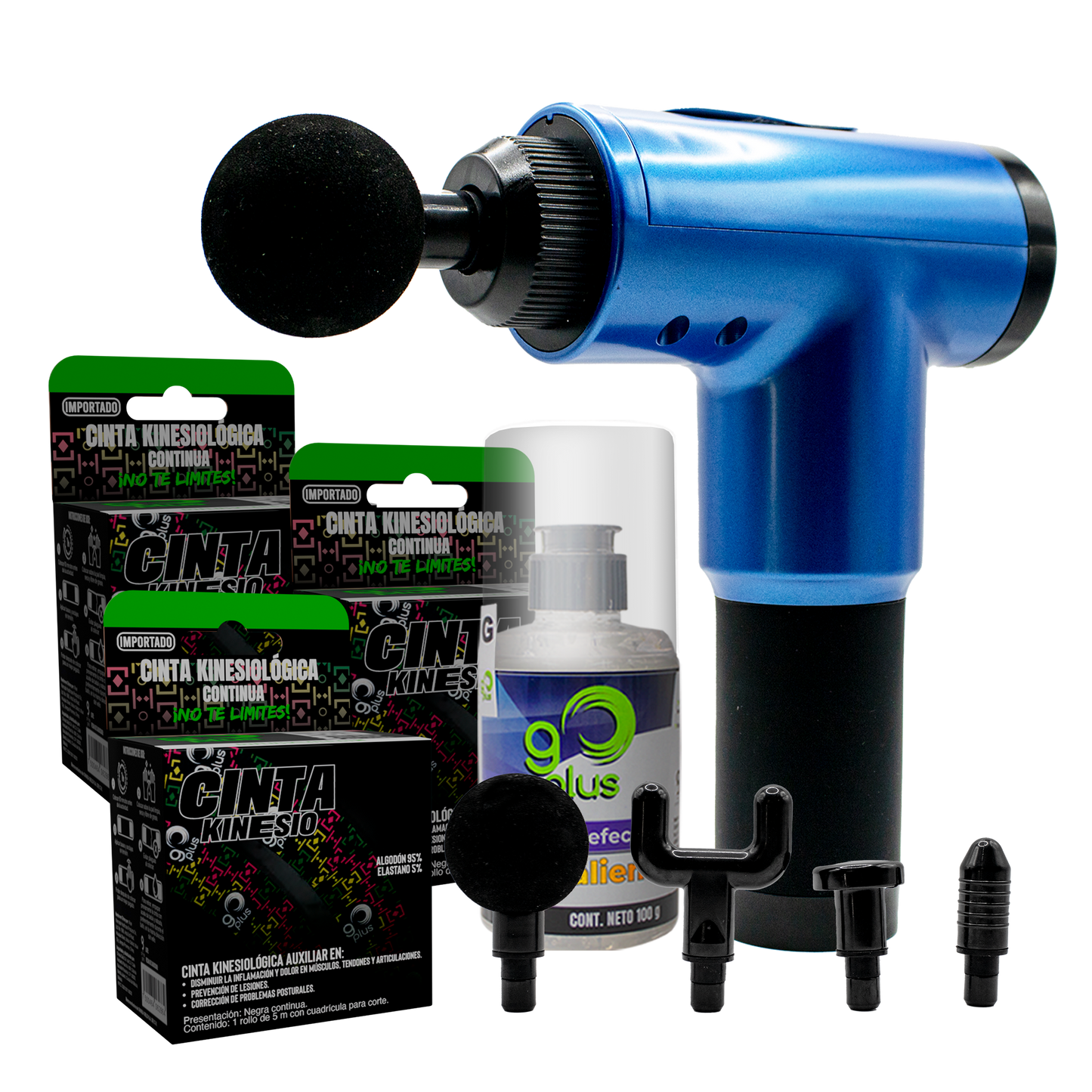Kit de Fisioterapia Go Plus con Pistola Masajeadora, Cinta Kinesiológica y Gel con efecto Frío Caliente