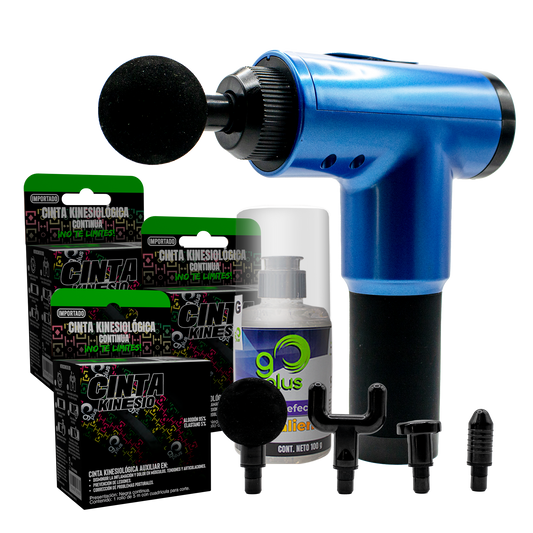 Kit de Fisioterapia Go Plus con Pistola Masajeadora, Cinta Kinesiológica y Gel con efecto Frío Caliente