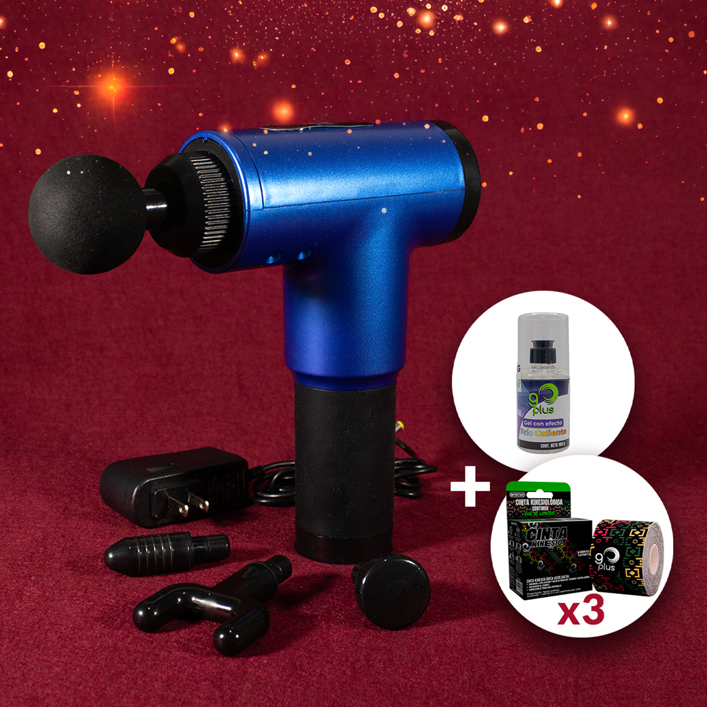 Kit de Fisioterapia Go Plus con Pistola Masajeadora, Cinta Kinesiológica y Gel con efecto Frío Caliente