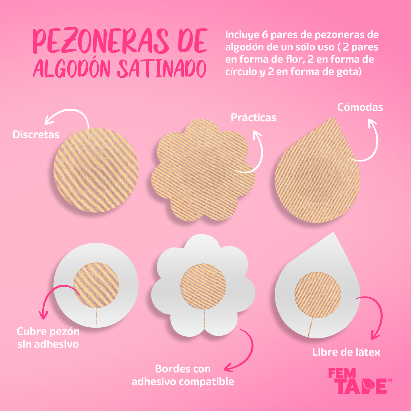 Pezoneras De Algodón Satinado 12 Pzas Fem Tape Cubre Pezón