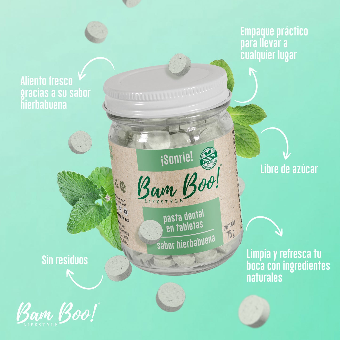 Frasco de Pasta Dental Sólida de 75g Bam Boo! Lifestyle | Hierbabuena