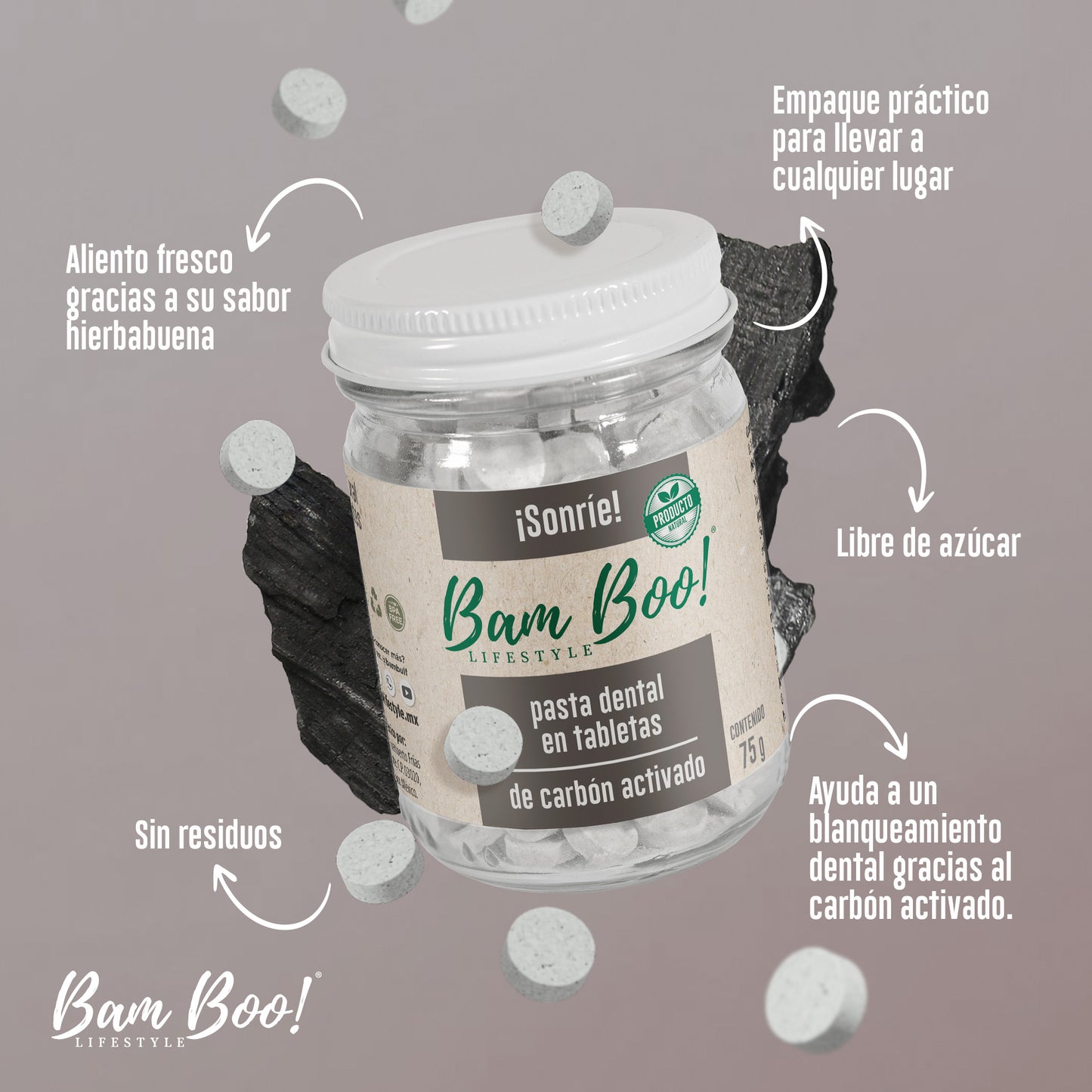 Frasco de Pasta Dental Sólida 75g Bam Boo! Lifestyle | Carbón Activado