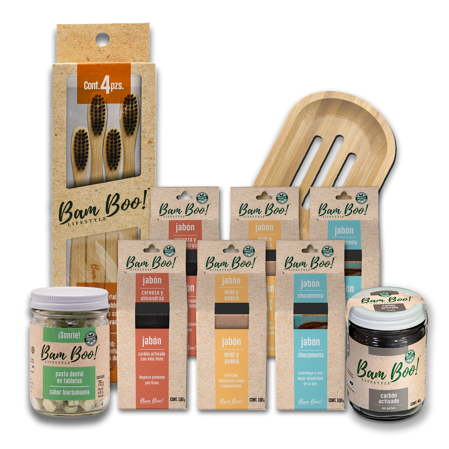 Set de Regalo Eco Belleza Y Cuidado Personal Natural Bam Boo! Lifestyle con Jabones, Pasta Dental, Cepillos Dentales con mango de bambú, Carbón Activado en Polvo y gratis, Jabonera de bambú