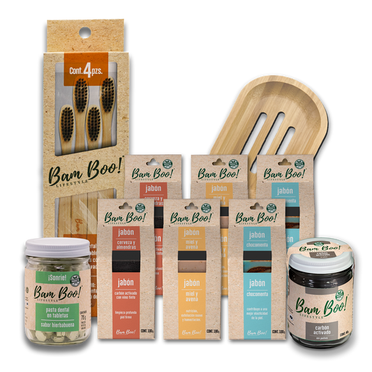 Set de Regalo Eco Belleza Y Cuidado Personal Natural Bam Boo! Lifestyle con Jabones, Pasta Dental, Cepillos Dentales con mango de bambú, Carbón Activado en Polvo y gratis, Jabonera de bambú