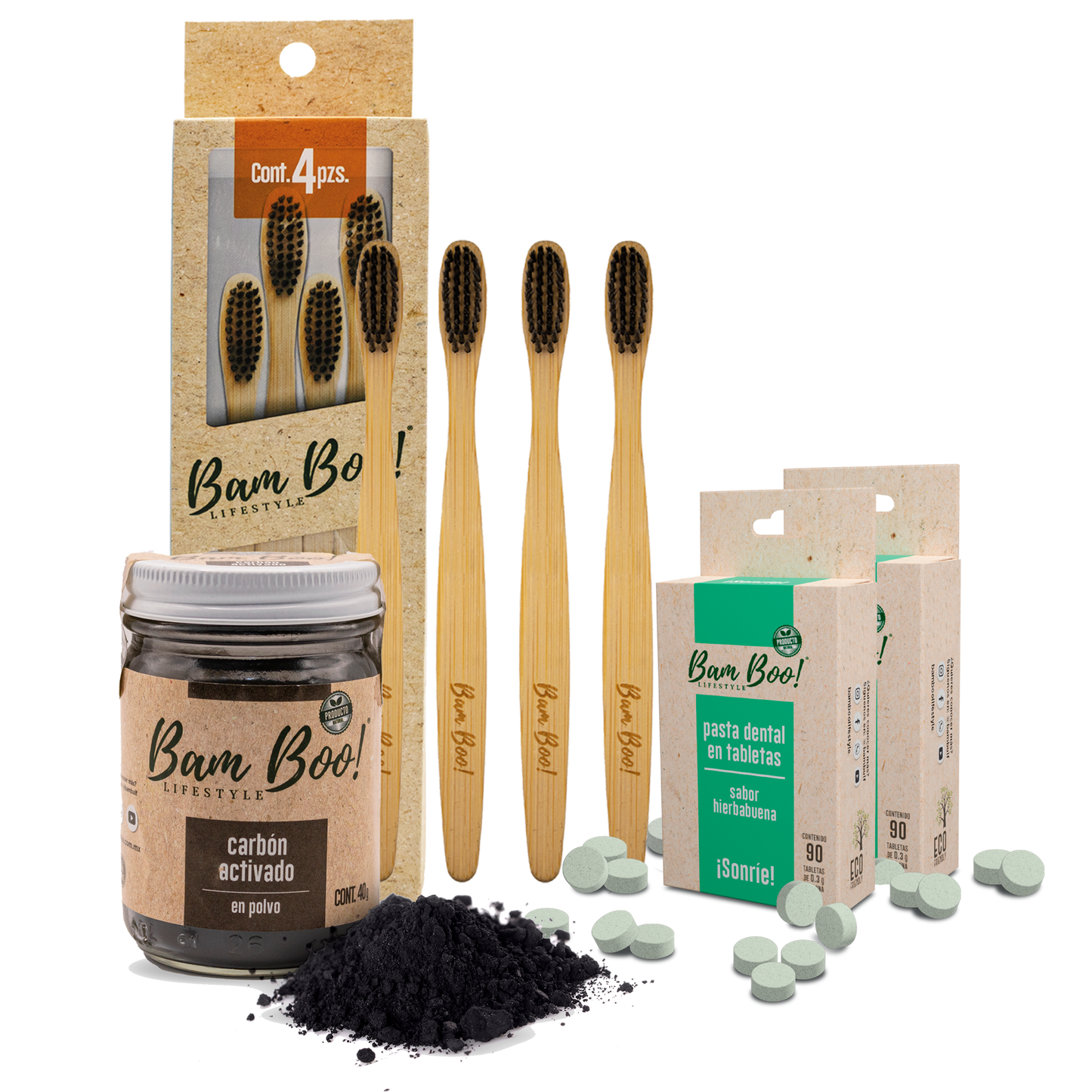Set Cuidado Bucal 4Pack Cepillos de Bambú+ Pastas Hierbabuena + Carbón Activado Combos Bam Boo! Lifestyle 4 Pzas