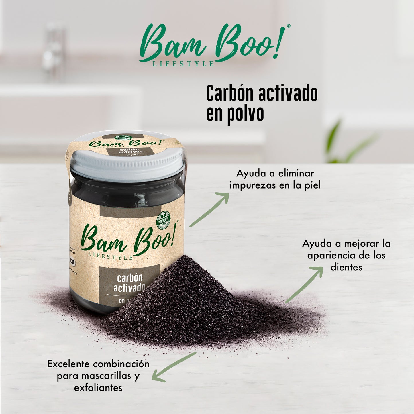 50 Pack Carbón Activado Coco Polvo Vegetal 40 G Mayoreo Bam Boo! Lifestyle