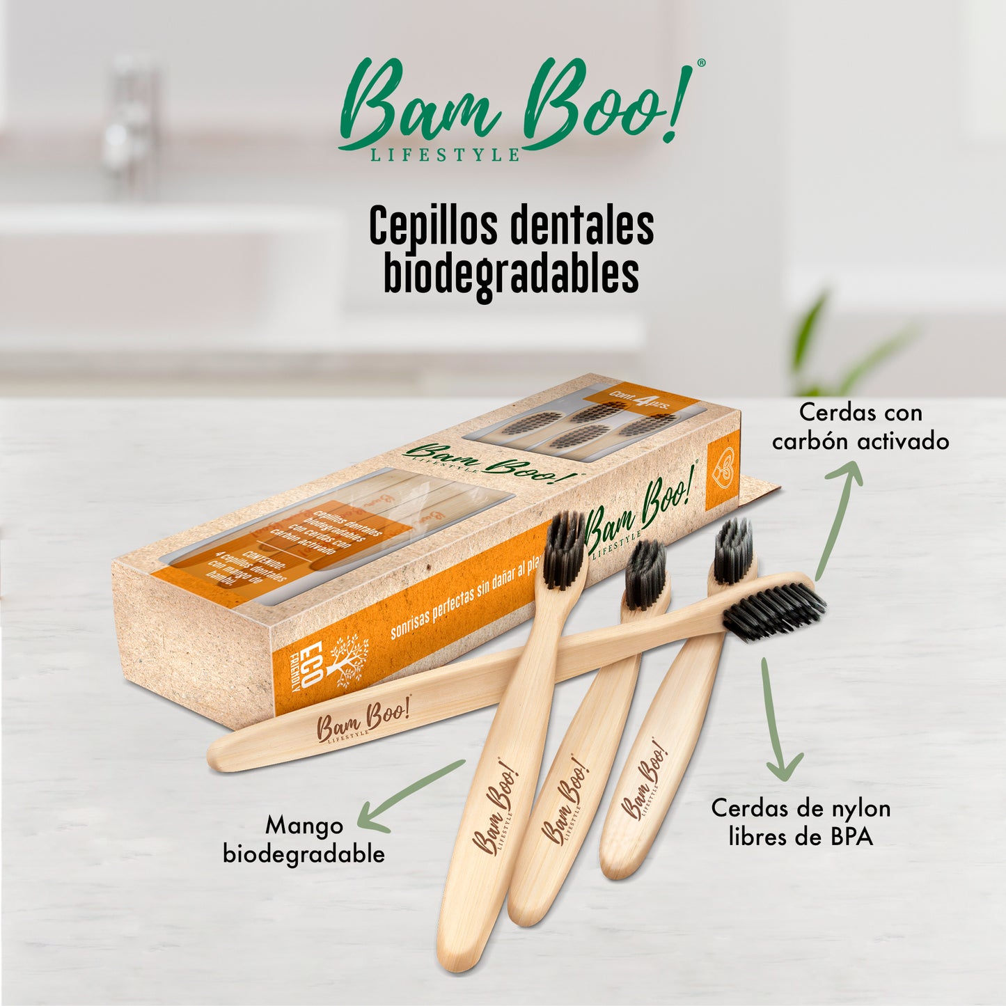 Cepillo Dientes Biodegradable Carbón Activado 4 Pack Bam Boo! Lifestyle
