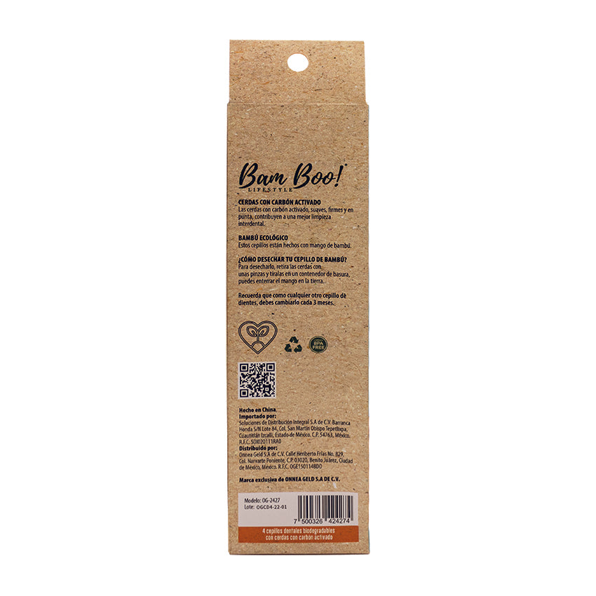 Cepillo Dientes Biodegradable Carbón Activado 4 Pack Bam Boo! Lifestyle