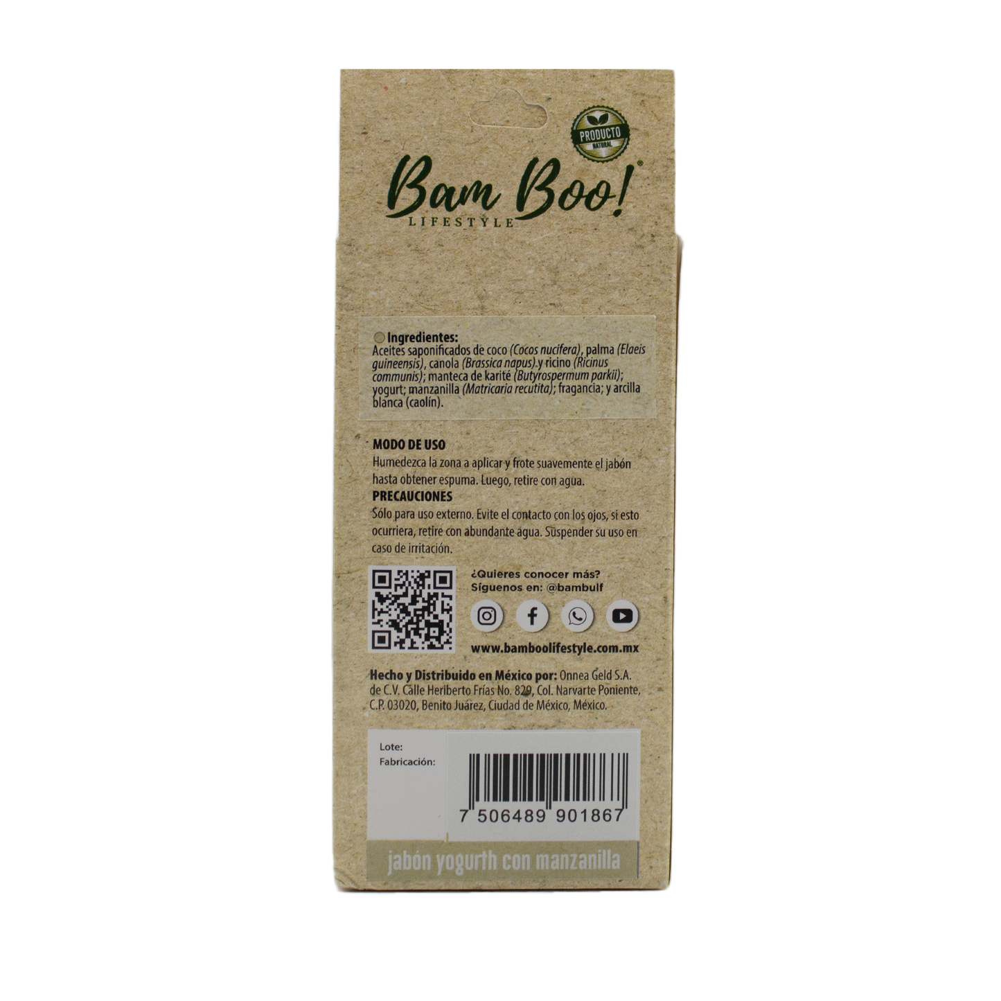 Jabón Natural Yogurt Con Manzanilla 100 g Bam Boo! Lifestyle
