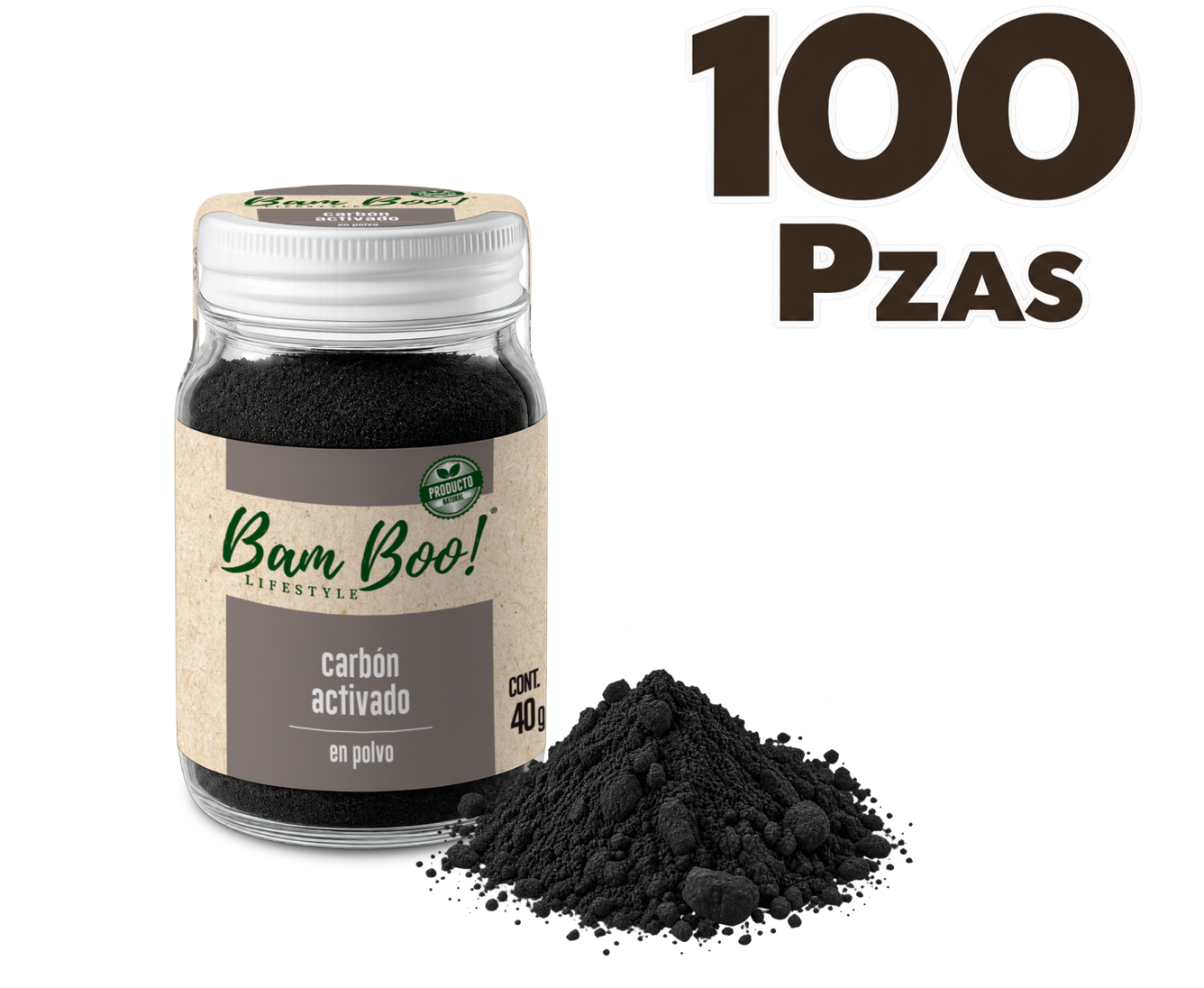 100 Pack Carbón Activado Coco Polvo Vegetal 40 g Mayoreo Bam Boo! Lifestyle | Uso Cosmético Facial