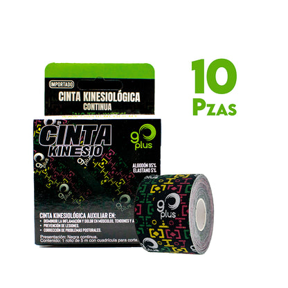 10 Pack Cinta Kinesiológica Negra 5m Diseño Go Plus Mayoreo Go Plus