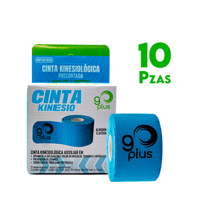 10 Pack Cinta Kinesiológica Azul Go Plus 5m Pre-cortada Mayoreo Go Plus