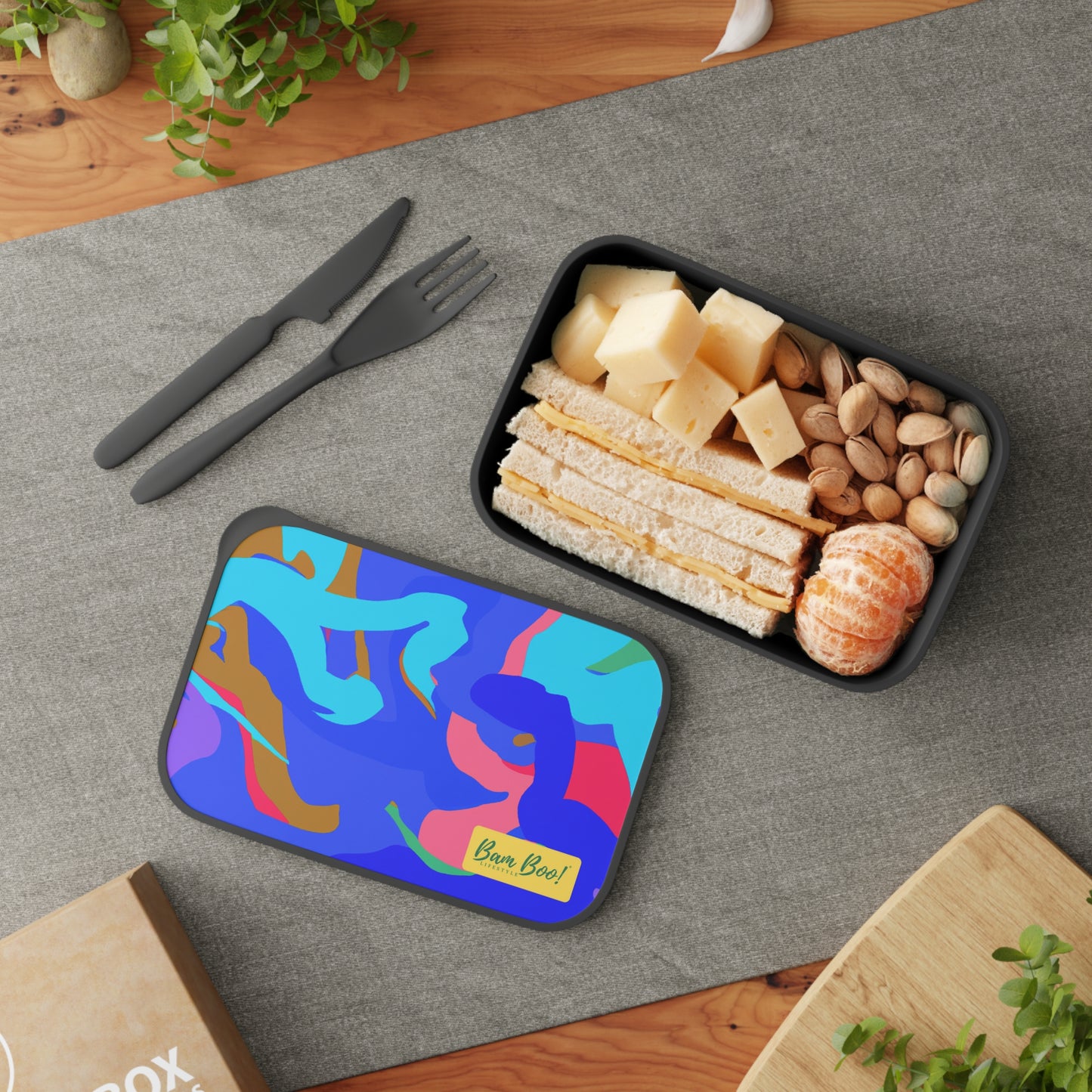 "Dynamic Balance: An Abstract Exploration of Motion Through Color and Shapes" - Bam Boo! Lifestyle Eco-friendly PLA Bento Box with Band and Utensils