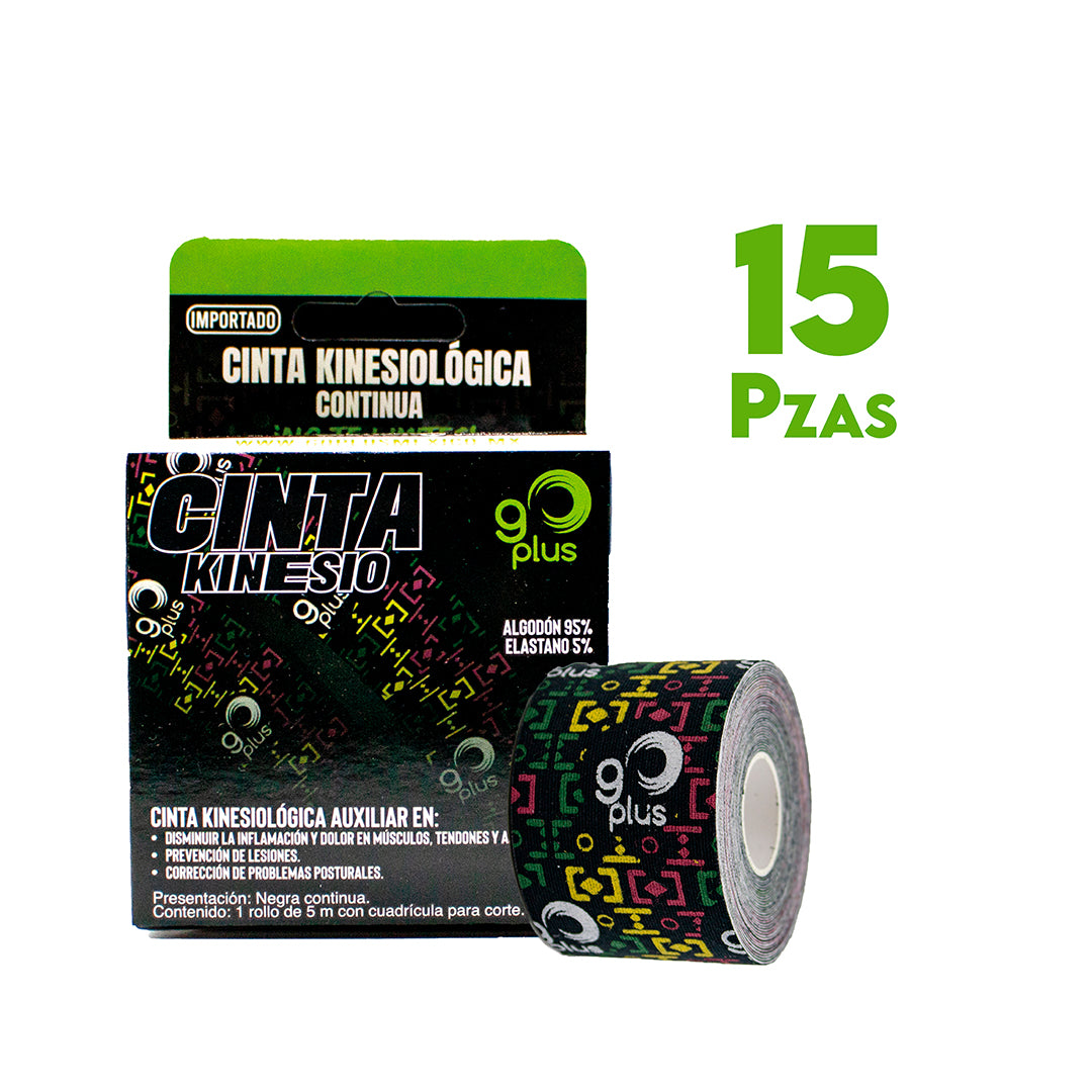 15 Pack Cinta Kinesiológica Negra 5m Diseño Go Plus Mayoreo Go Plus