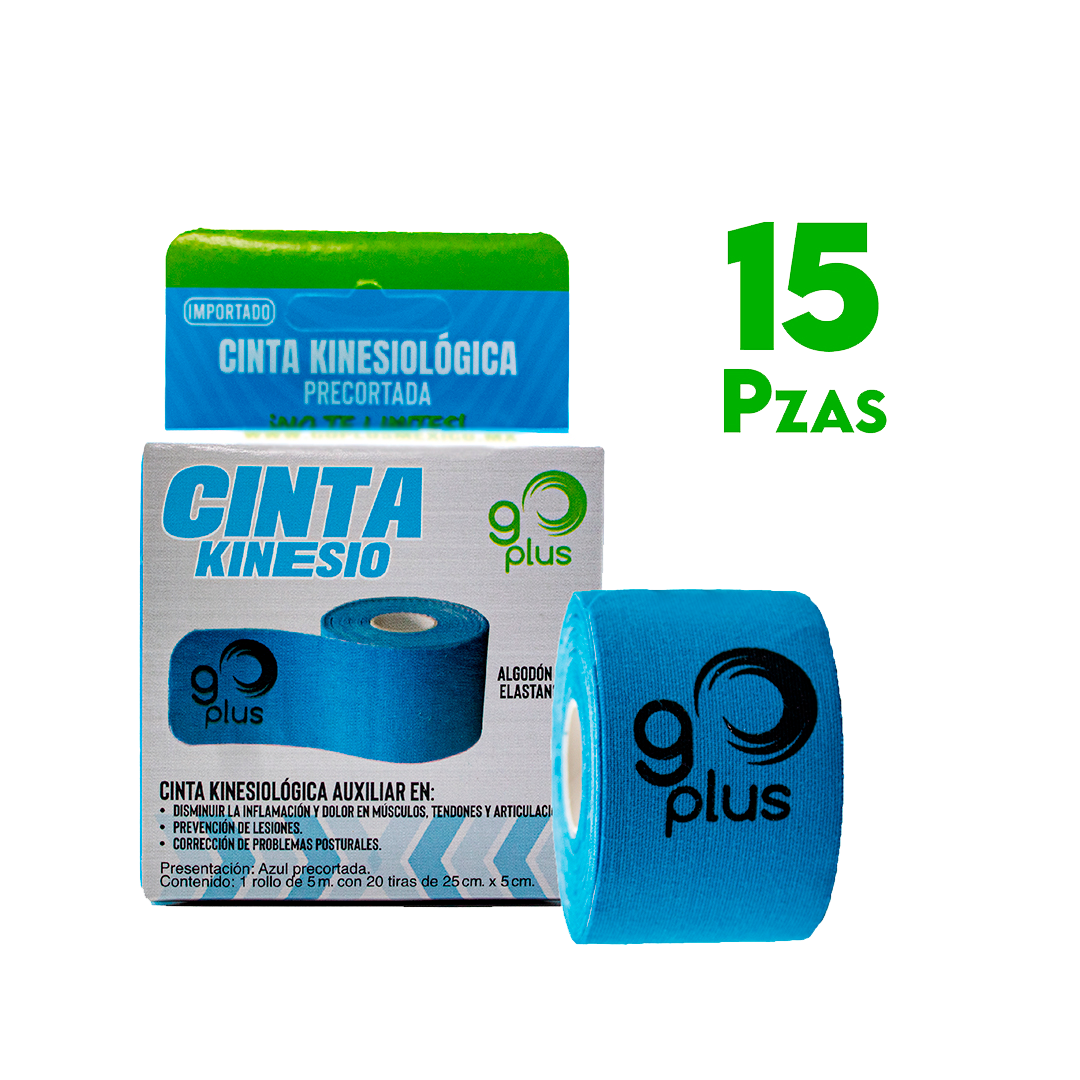 15 Pack Cinta Kinesiológica Azul Go Plus 5m Pre-cortada Mayoreo Go Plus