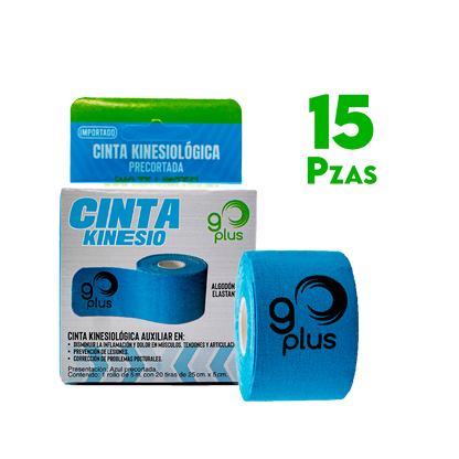 15 Pack Cinta Kinesiológica Azul Go Plus 5m Pre-cortada Mayoreo Go Plus