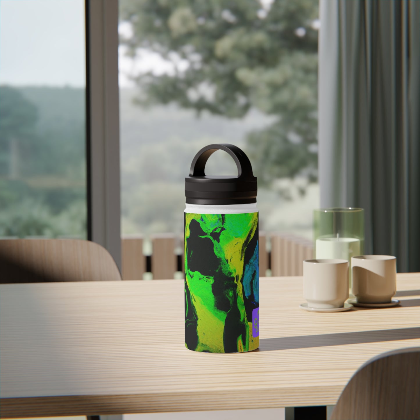 "Dynamic Sport Through Abstract Vision" - Go Plus Stainless Steel Water Bottle, Handle Lid