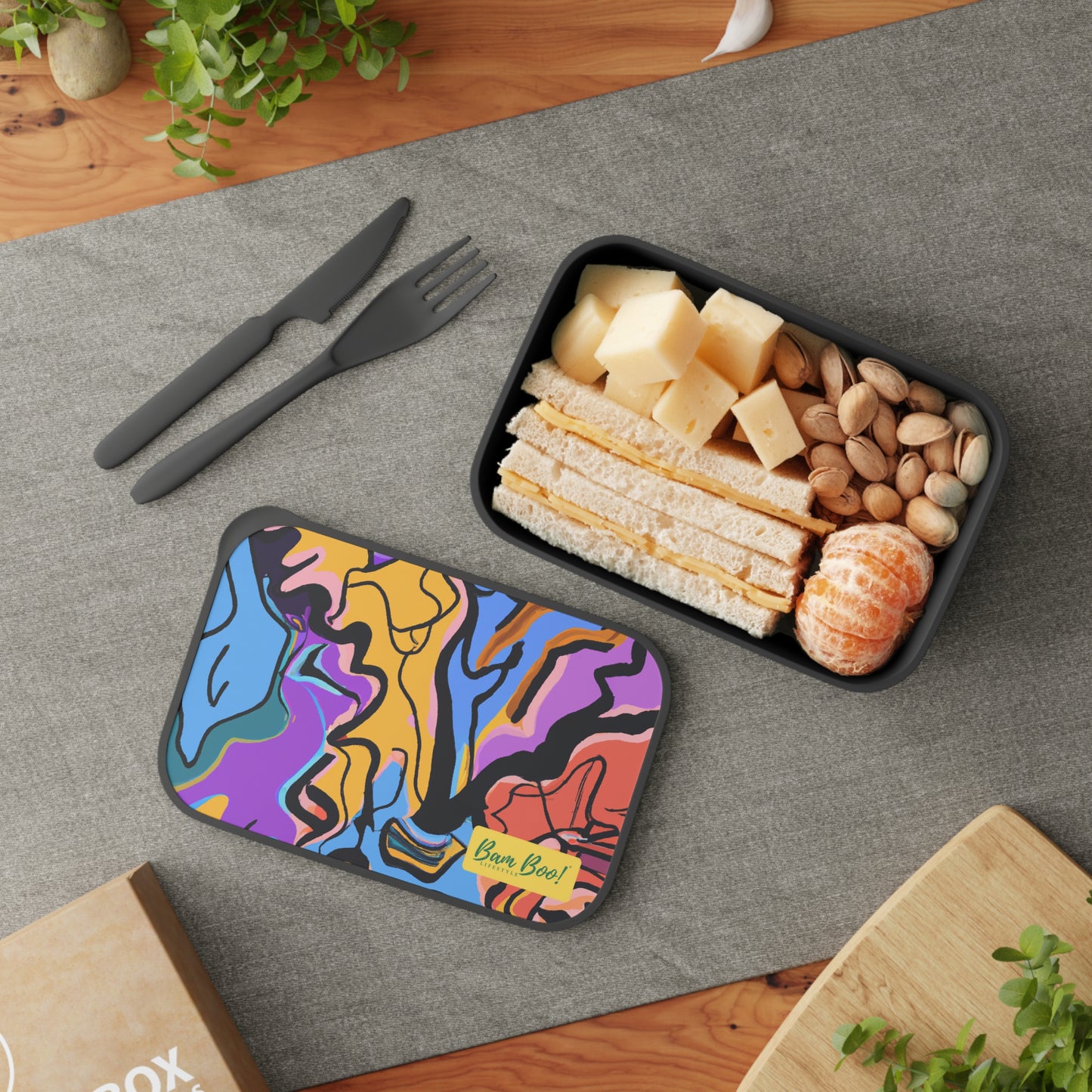 My Transformative Treasures: An Abstract Art Journey - Bam Boo! Lifestyle Eco-friendly PLA Bento Box with Band and Utensils