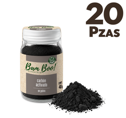 20 Pack Carbón Activado de Coco en Polvo 40 g Bam Boo! Lifestyle | Uso Cosmético Mayoreo