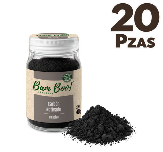 20 Pack Carbón Activado de Coco en Polvo 40 g Bam Boo! Lifestyle | Uso Cosmético Mayoreo