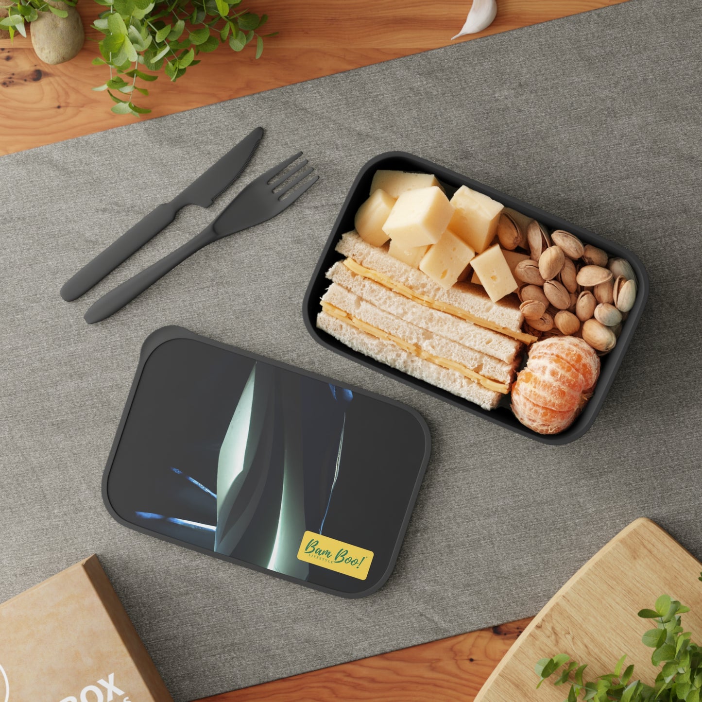 "Illusory Depths: A Light and Shadow Exploration" - Bam Boo! Lifestyle Eco-friendly PLA Bento Box with Band and Utensils
