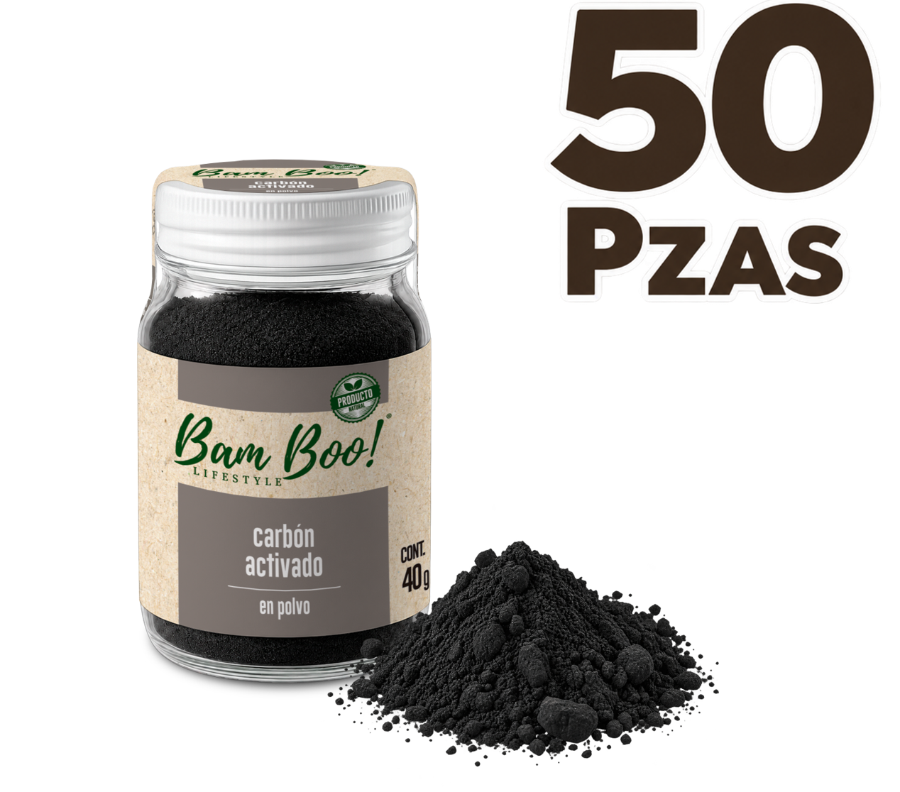 50 Pack Carbón Activado de Coco en Polvo 40 g Bam Boo! Lifestyle | Uso Cosmético Mayoreo