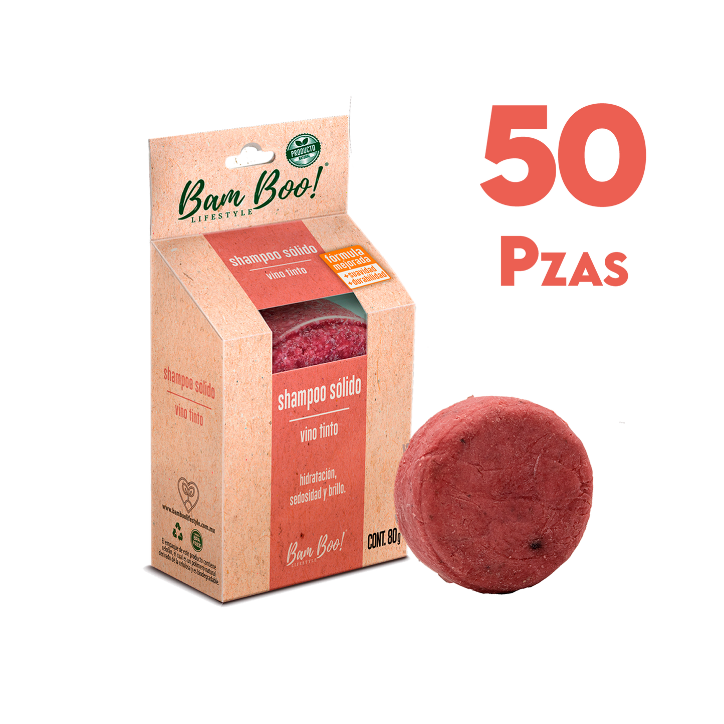 50 Pack Shampoo Sólido Artesanal Vino Tinto 80 Gr Mayoreo Bam Boo! Lifestyle