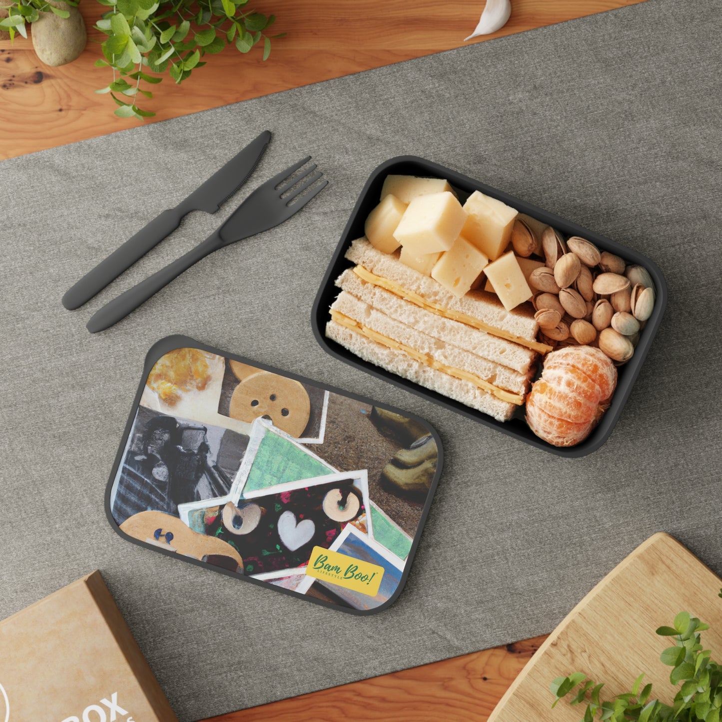 "Memories of My Childhood: A Photographic and Found Artifact Collage" - Bam Boo! Lifestyle Eco-friendly PLA Bento Box with Band and Utensils