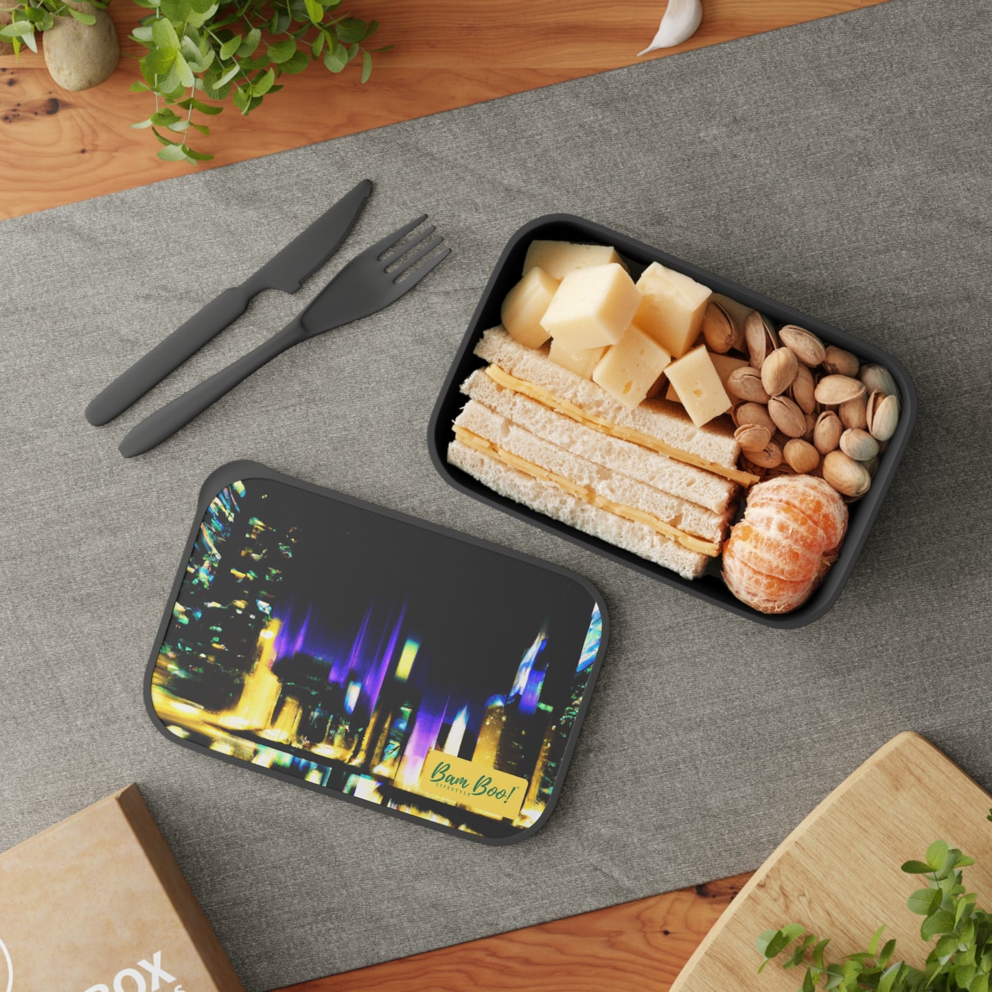 "A City's Illumination: Capturing the Vibrant City Skyline" - Bam Boo! Lifestyle Eco-friendly PLA Bento Box with Band and Utensils