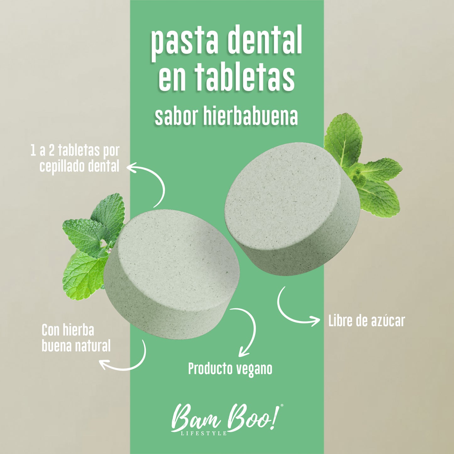 100 Pack Pasta Dental Sólida Hierbabuena 90 Tabletas Mayoreo Bam Boo! Lifestyle