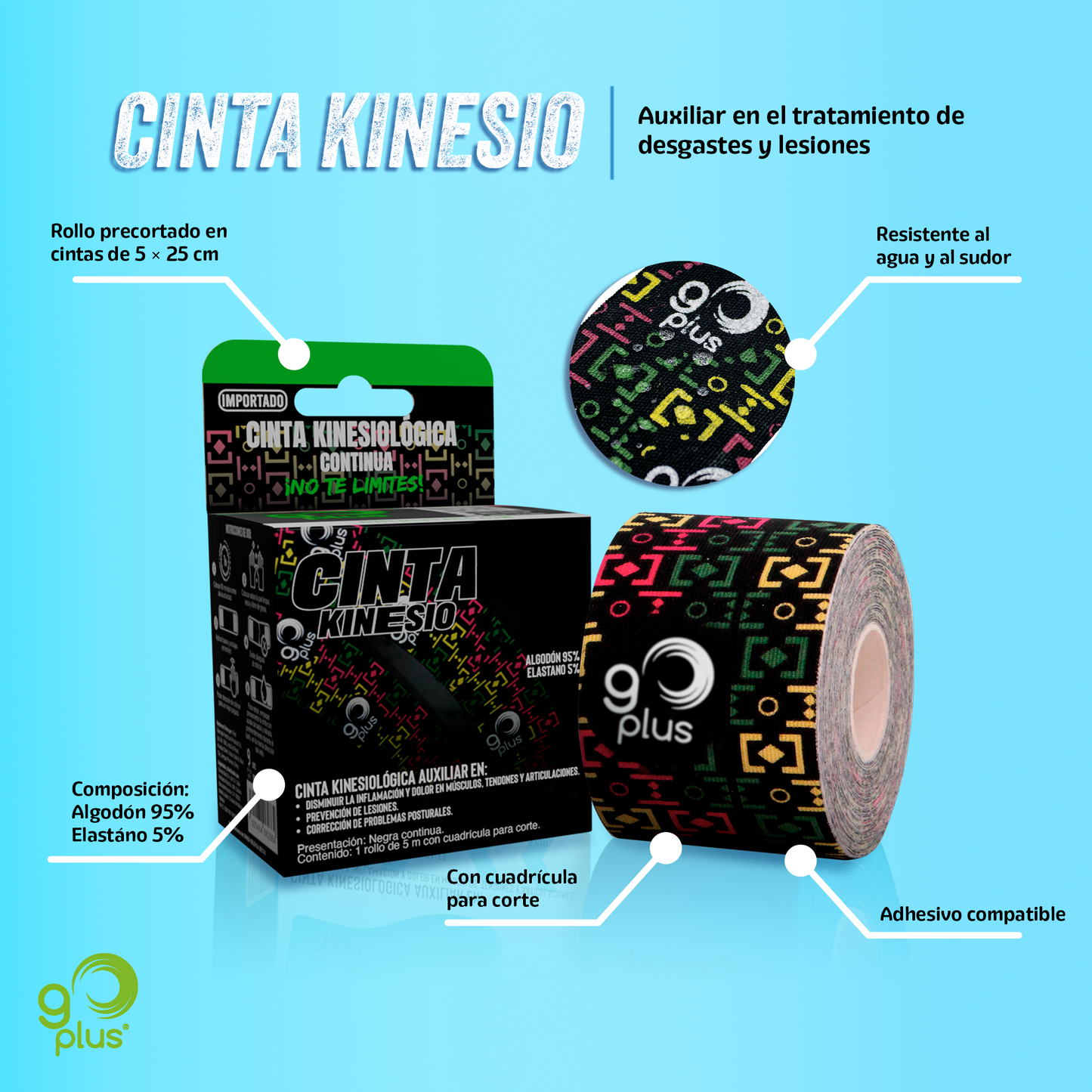 Kit de Fisioterapia Go Plus con Pistola Masajeadora, Cinta Kinesiológica y Gel con efecto Frío Caliente